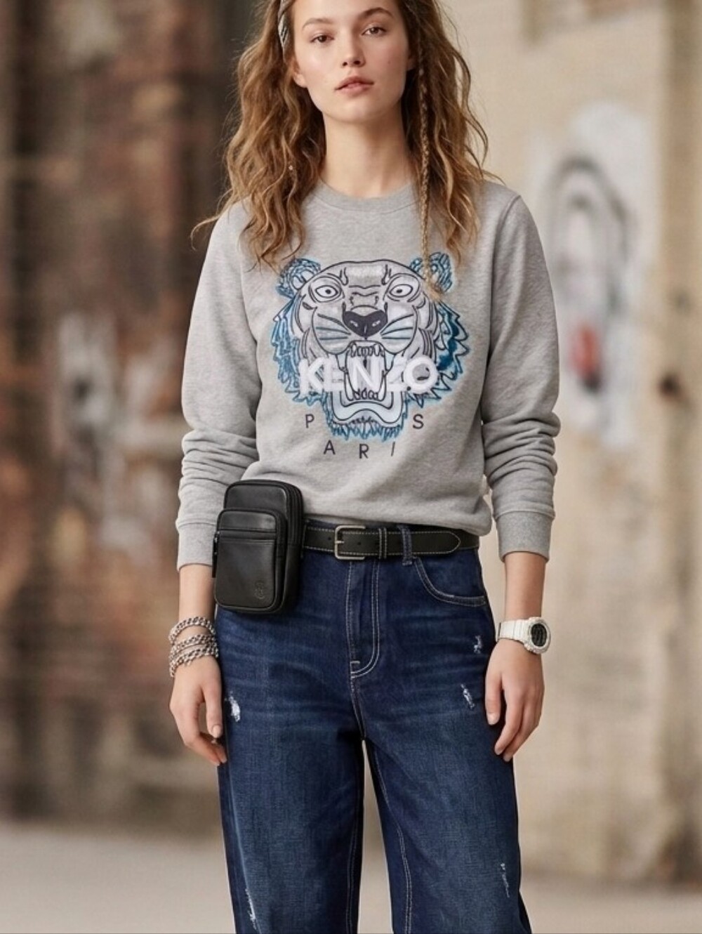 Kenzo Tiger Embroidered Gray Cotton Crewneck Sweatshirt
